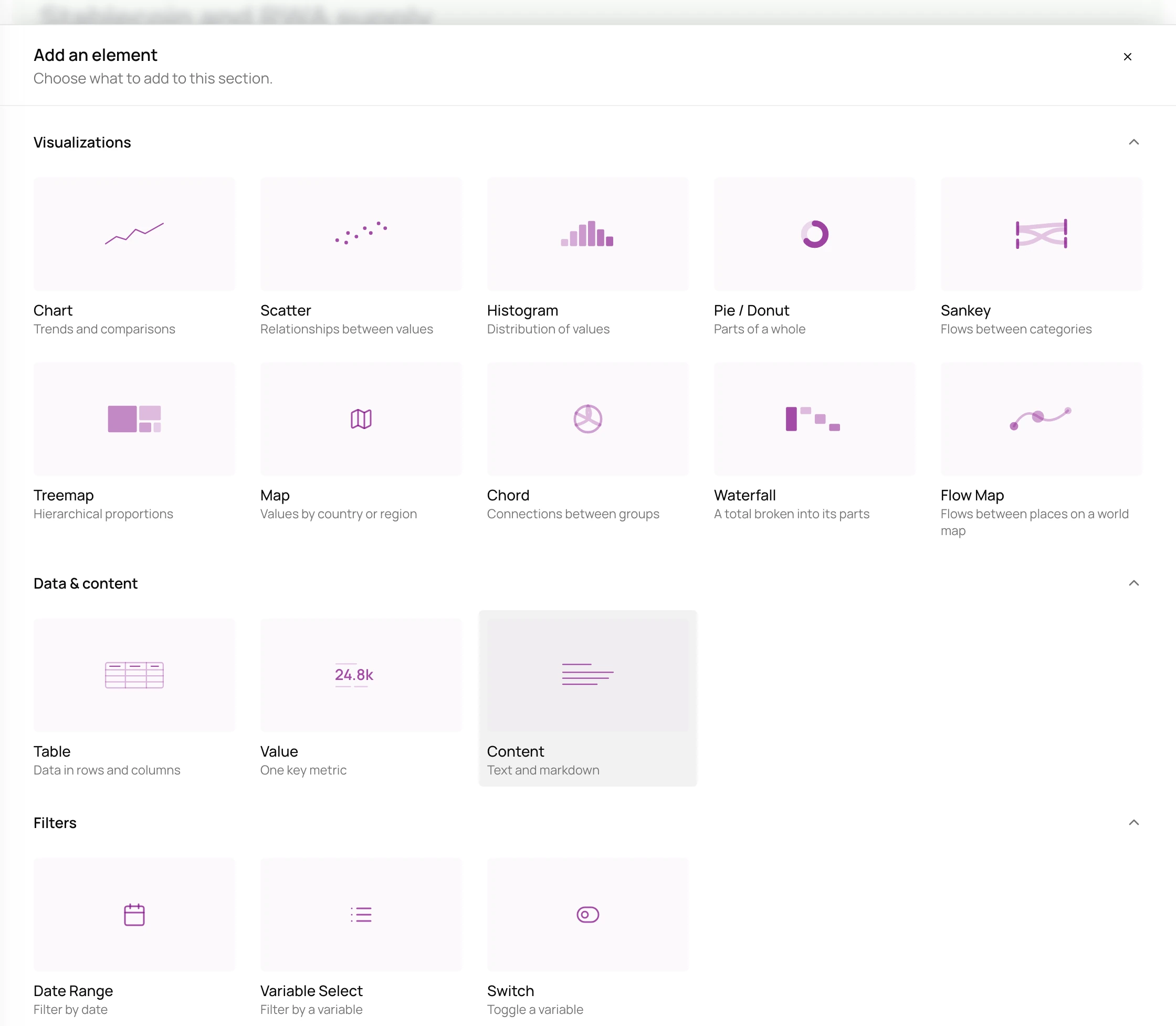 Add an element picker with visualizations, data and content, and filters