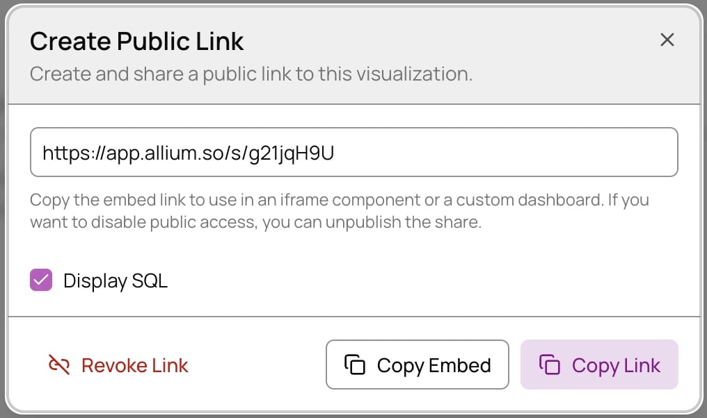 Create Public Link dialog with the link, a Display SQL option, and Revoke Link, Copy Embed and Copy Link buttons