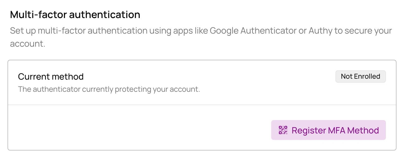 Multi-factor authentication on the Account settings page, with no method enrolled