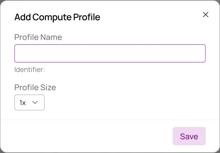 Add Compute Profile dialog with profile name and size