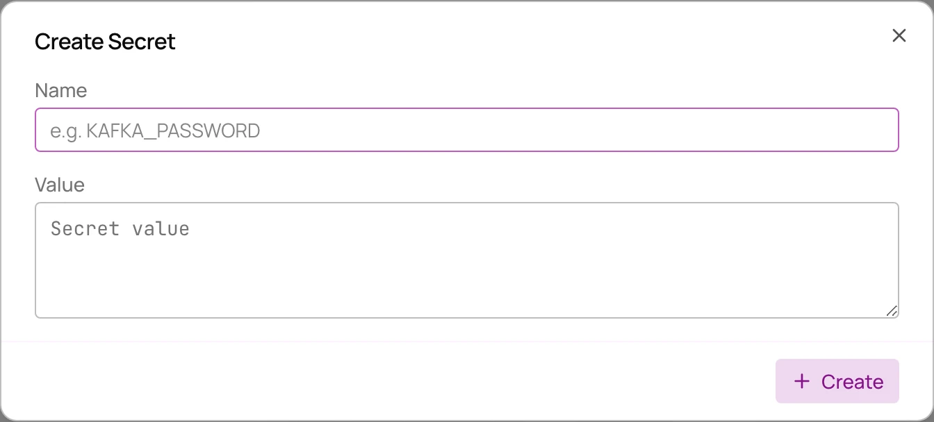 Create Secret dialog with name and value