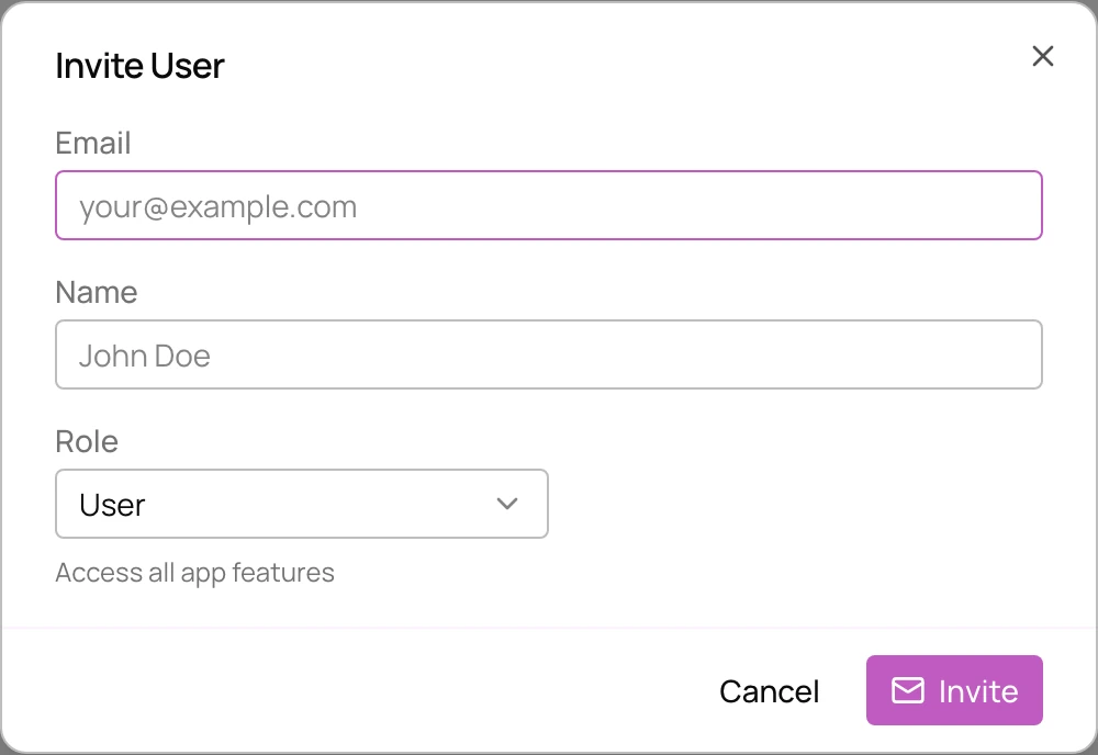 Invite User dialog with email, name and role