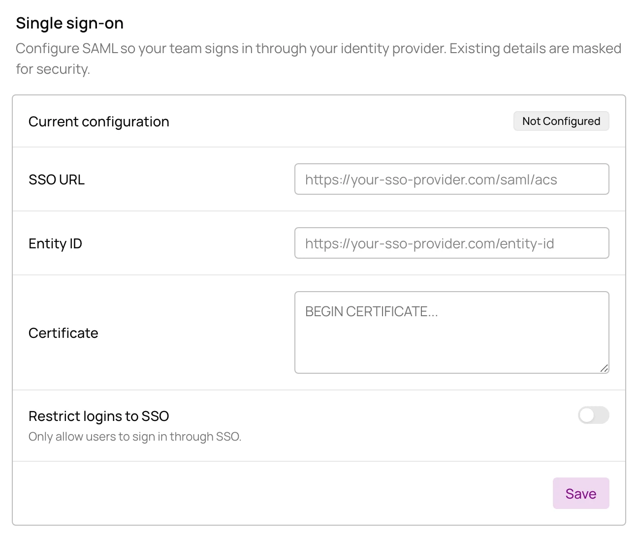 Single sign-on settings with SSO URL, entity ID and certificate fields