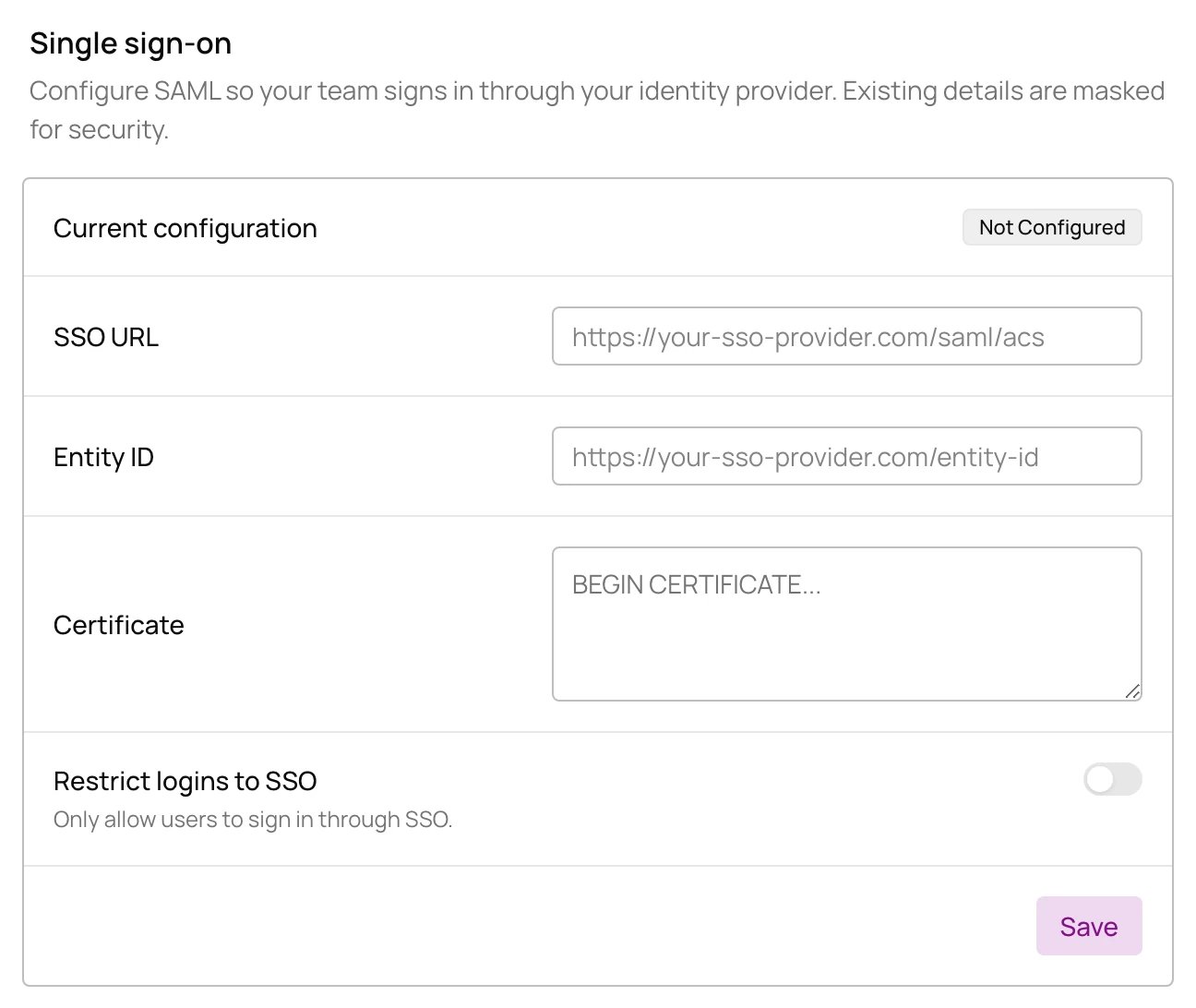 Single sign-on settings with SSO URL, entity ID and certificate fields