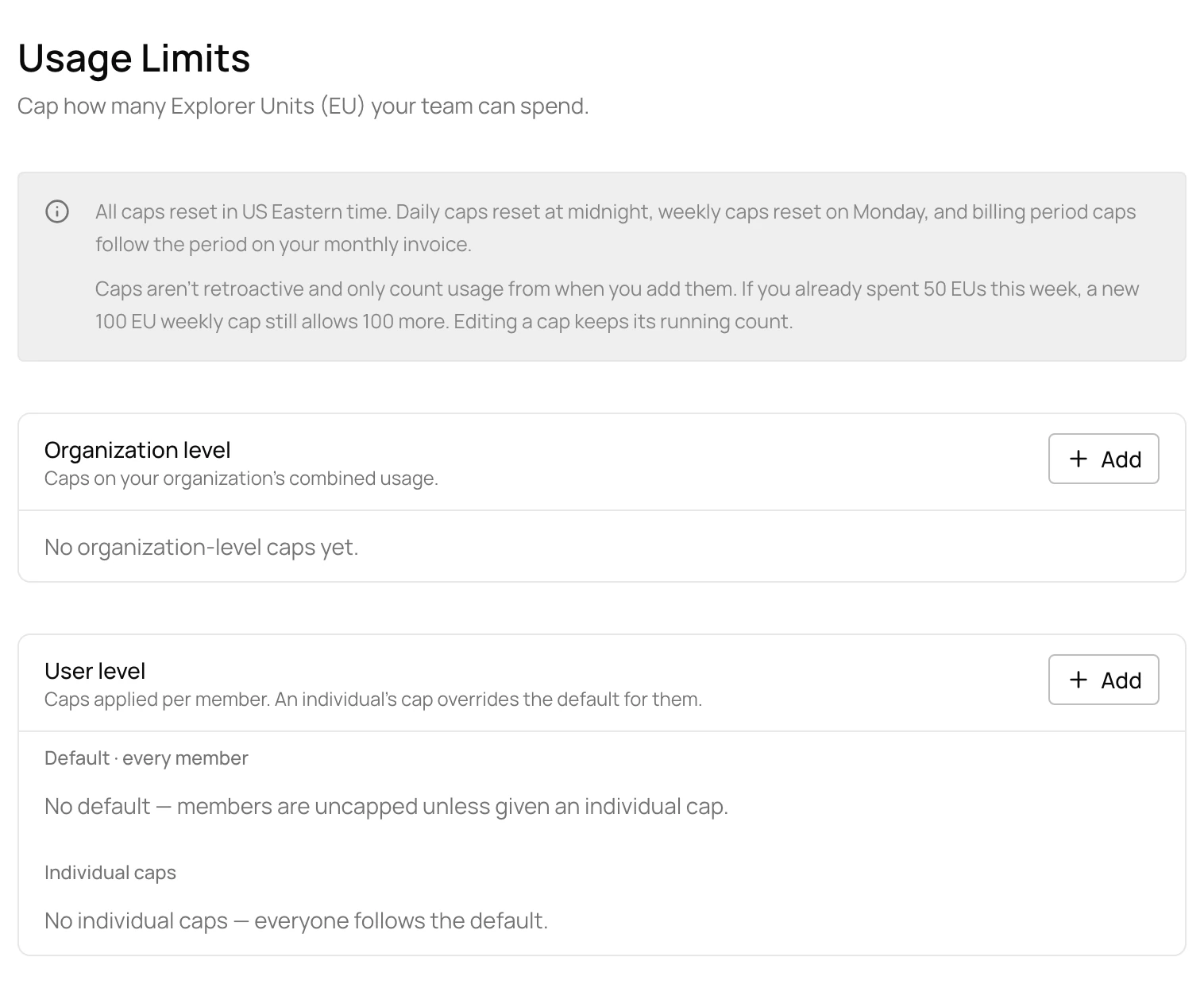 Usage Limits page with organization level and user level caps, none set