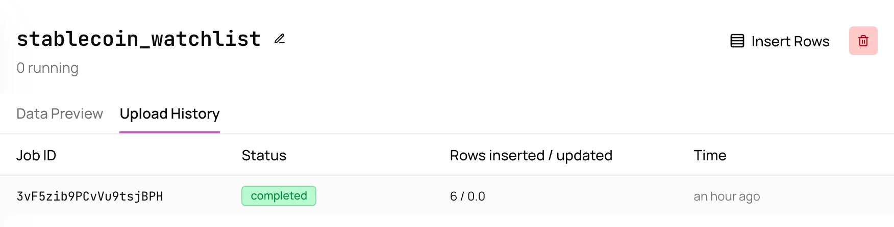 Upload history for stablecoin_watchlist with one completed job