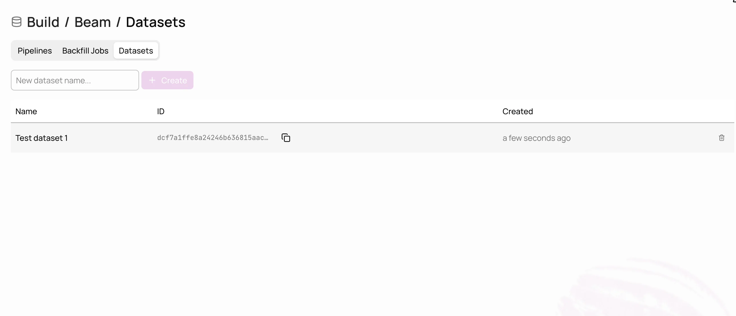 Beam datasets list page