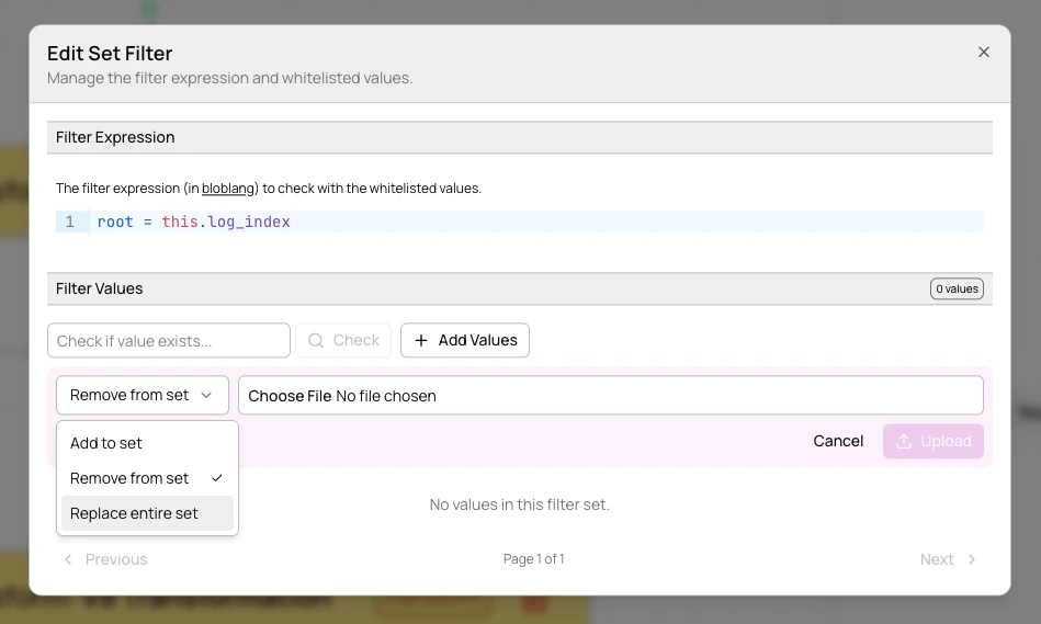 Bulk upload options: add to set, remove from set, replace entire set