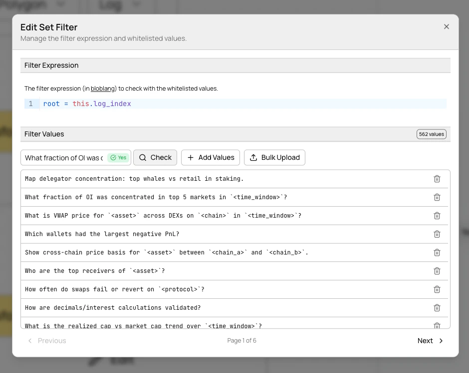 Beam filter set editor with paginated values