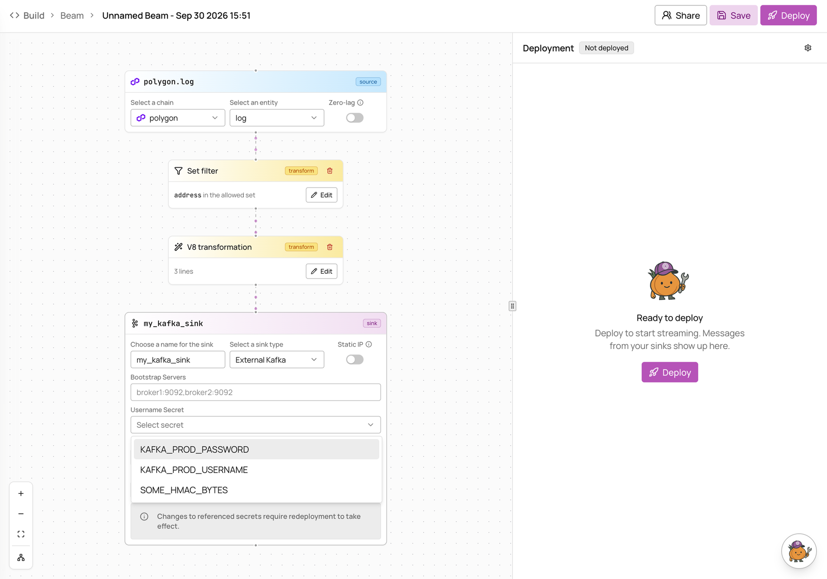 Beam editor with external Kafka sink