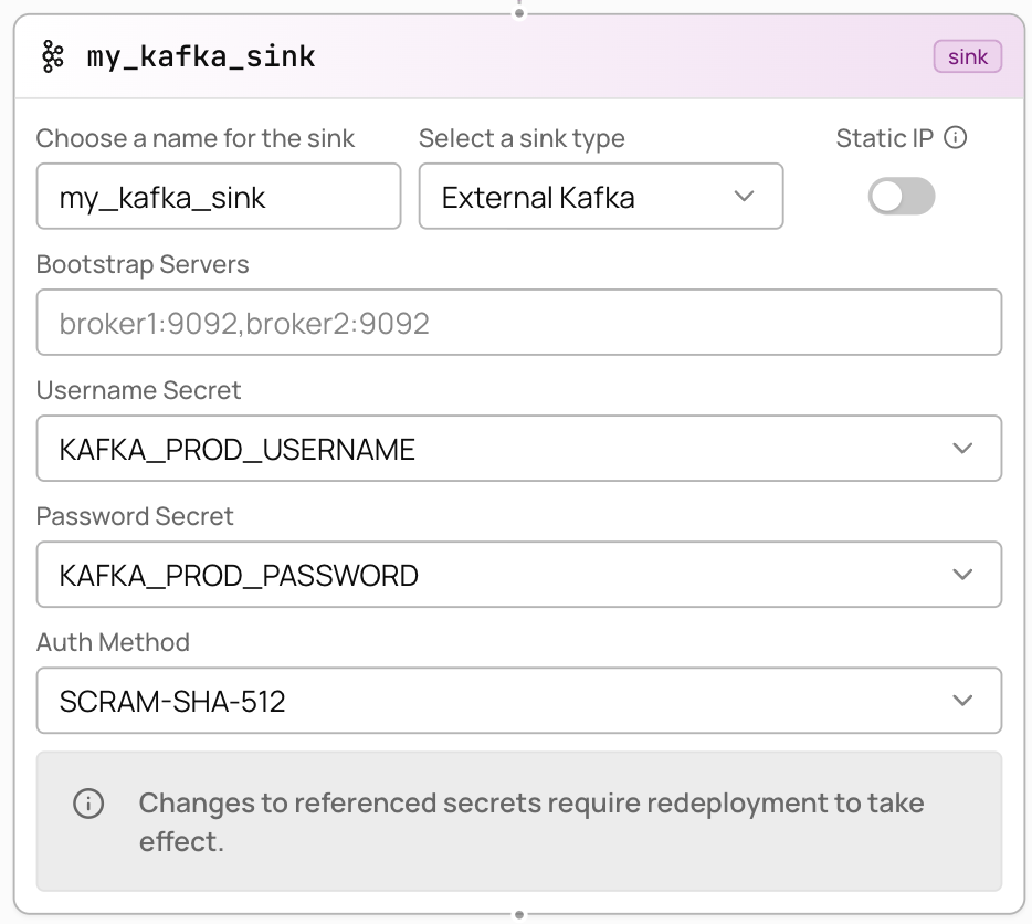 External Kafka configuration fields