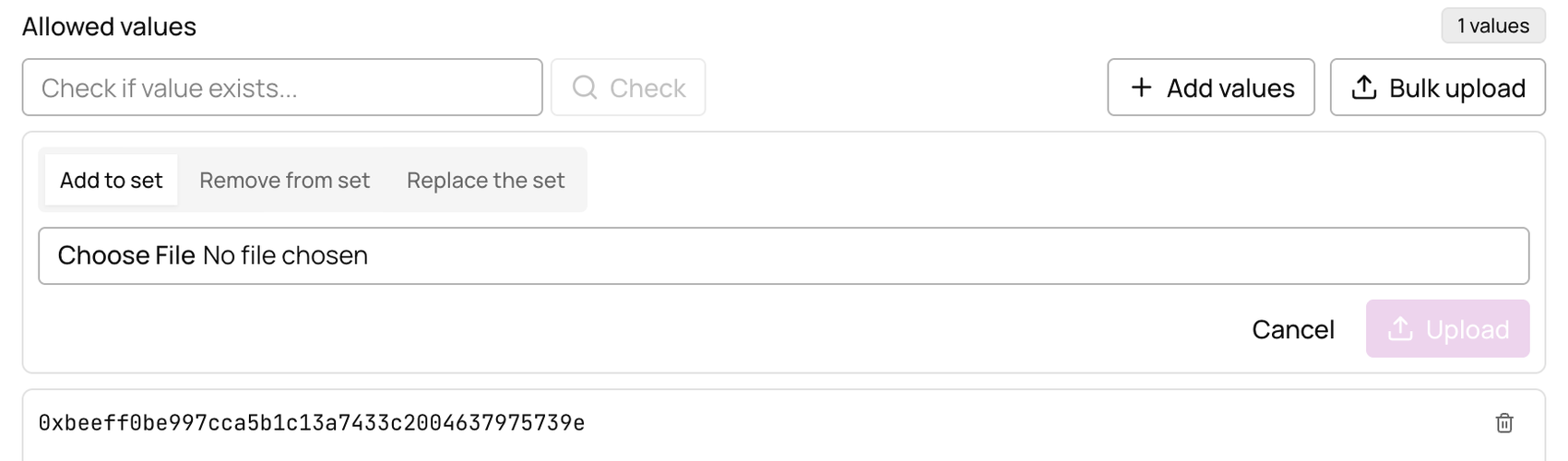 Bulk upload supports three modes: add to set, remove from set, and replace the set.