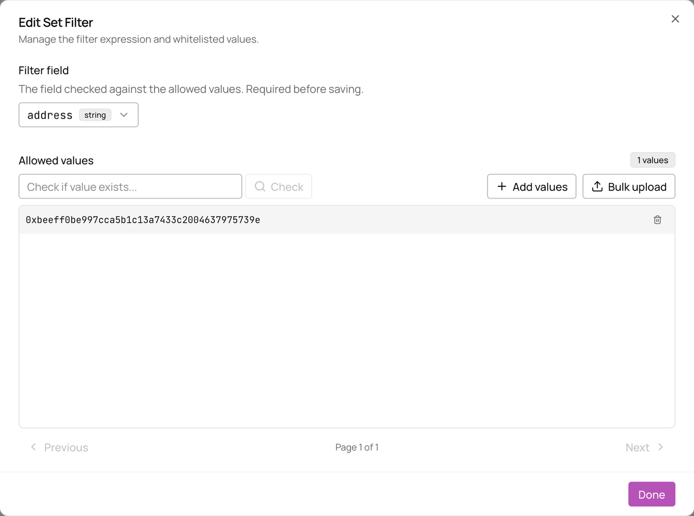 The Beam filter set editor includes a filter field picker and paginated values.