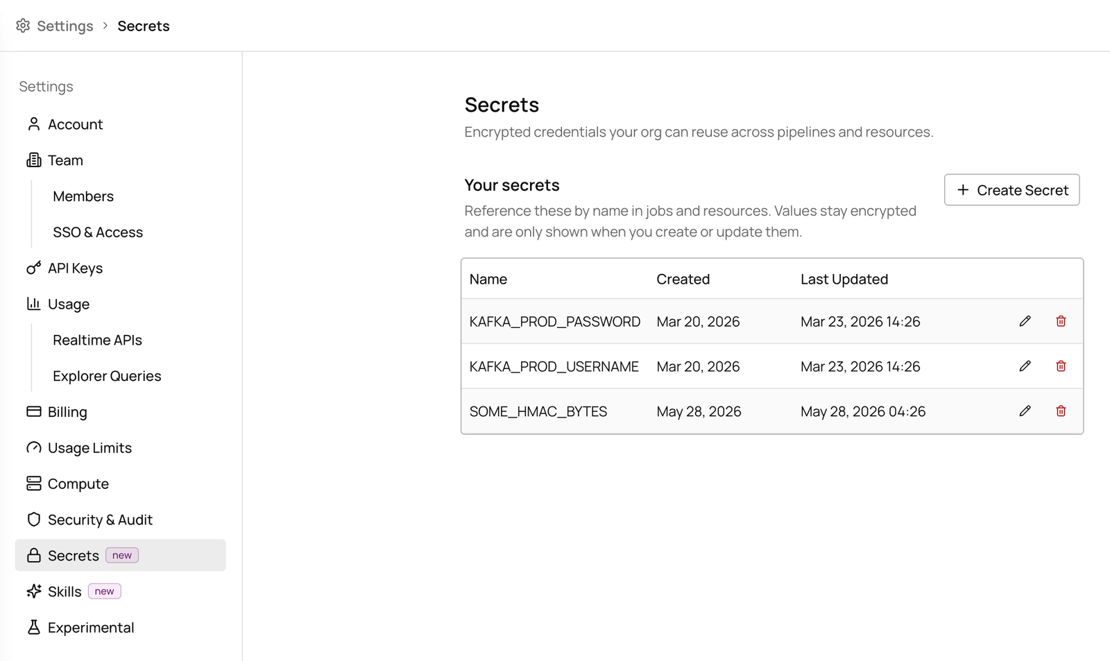 Secrets settings page
