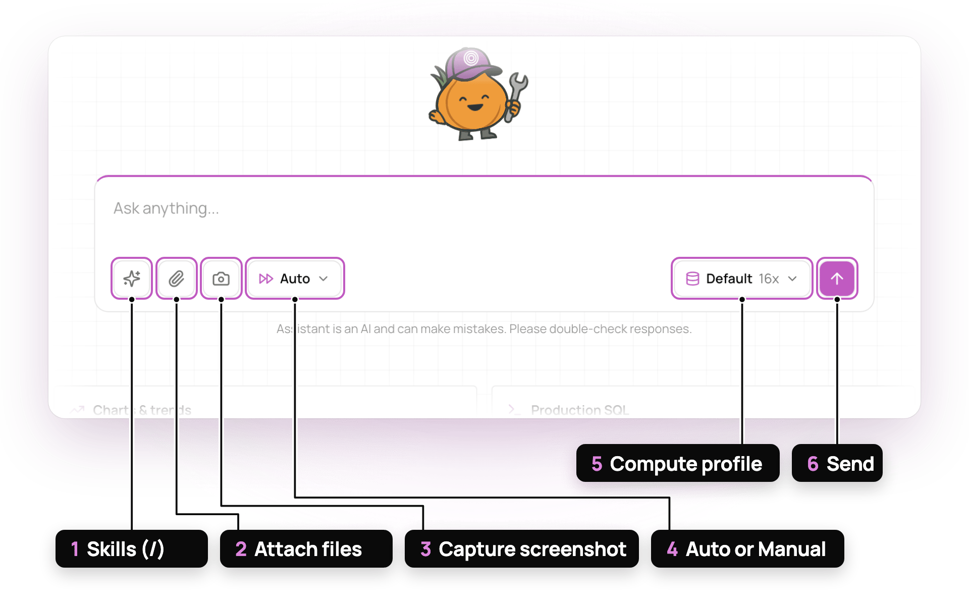 The Assistant composer with six numbered controls: Skills, Attach files, Capture screenshot, Auto or Manual, Compute profile, and Send.