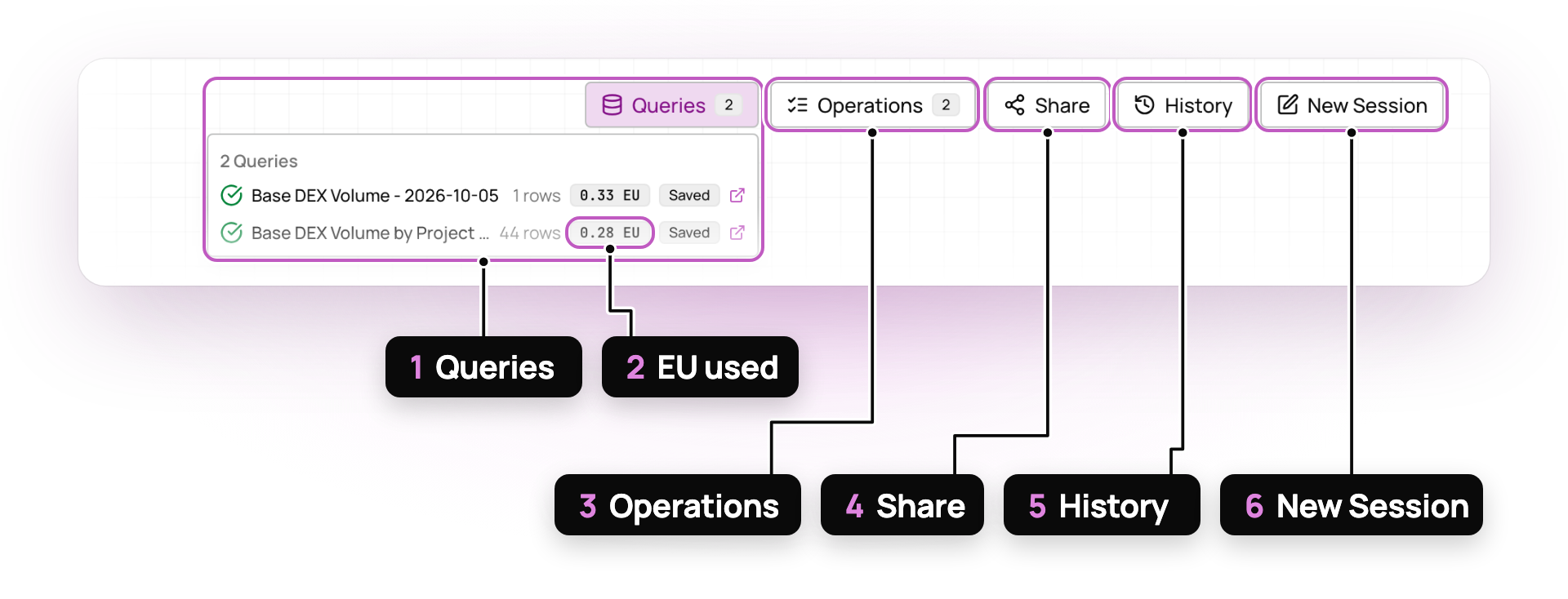 The Assistant session header with six numbered controls: Queries, EU used, Operations, Share, History, and New Session.