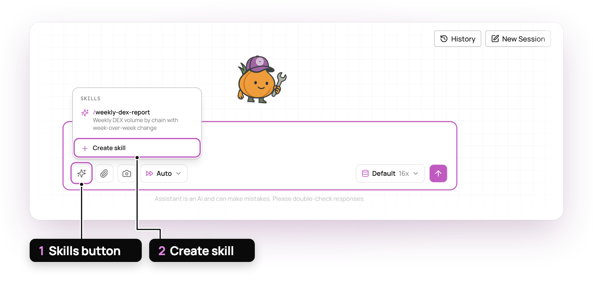 The Assistant composer with a skill picker open above it, listing the /weekly-dex-report skill and a Create skill row, with callouts on the Skills button and Create skill.