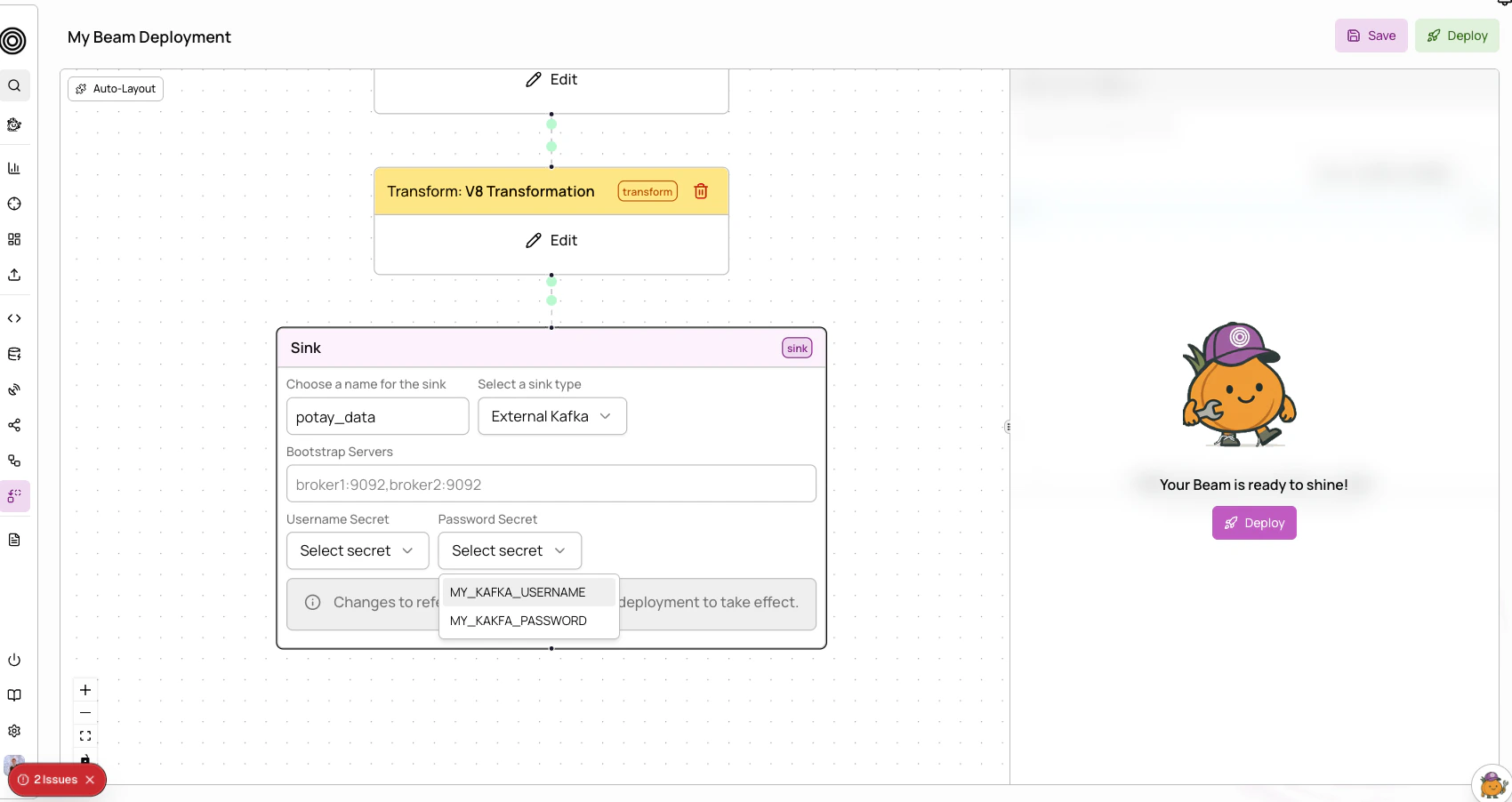 Beam editor with external Kafka sink