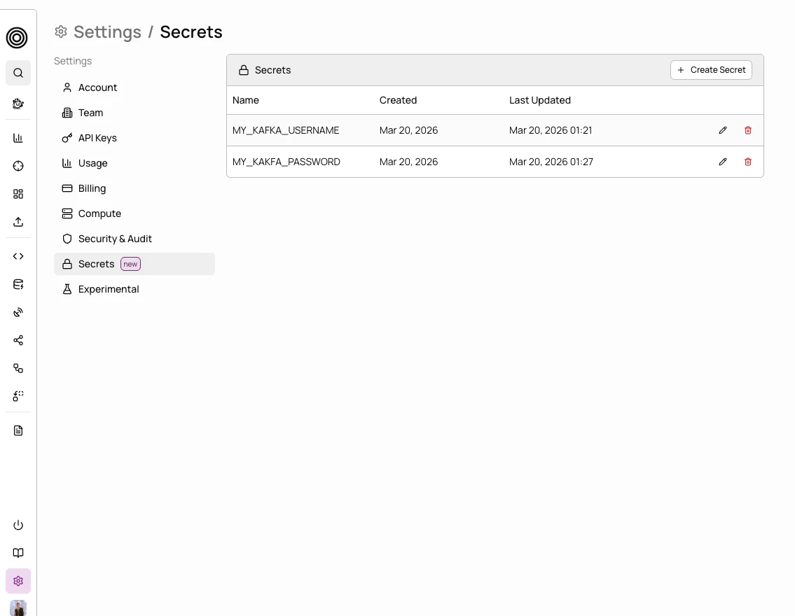 Secrets settings page