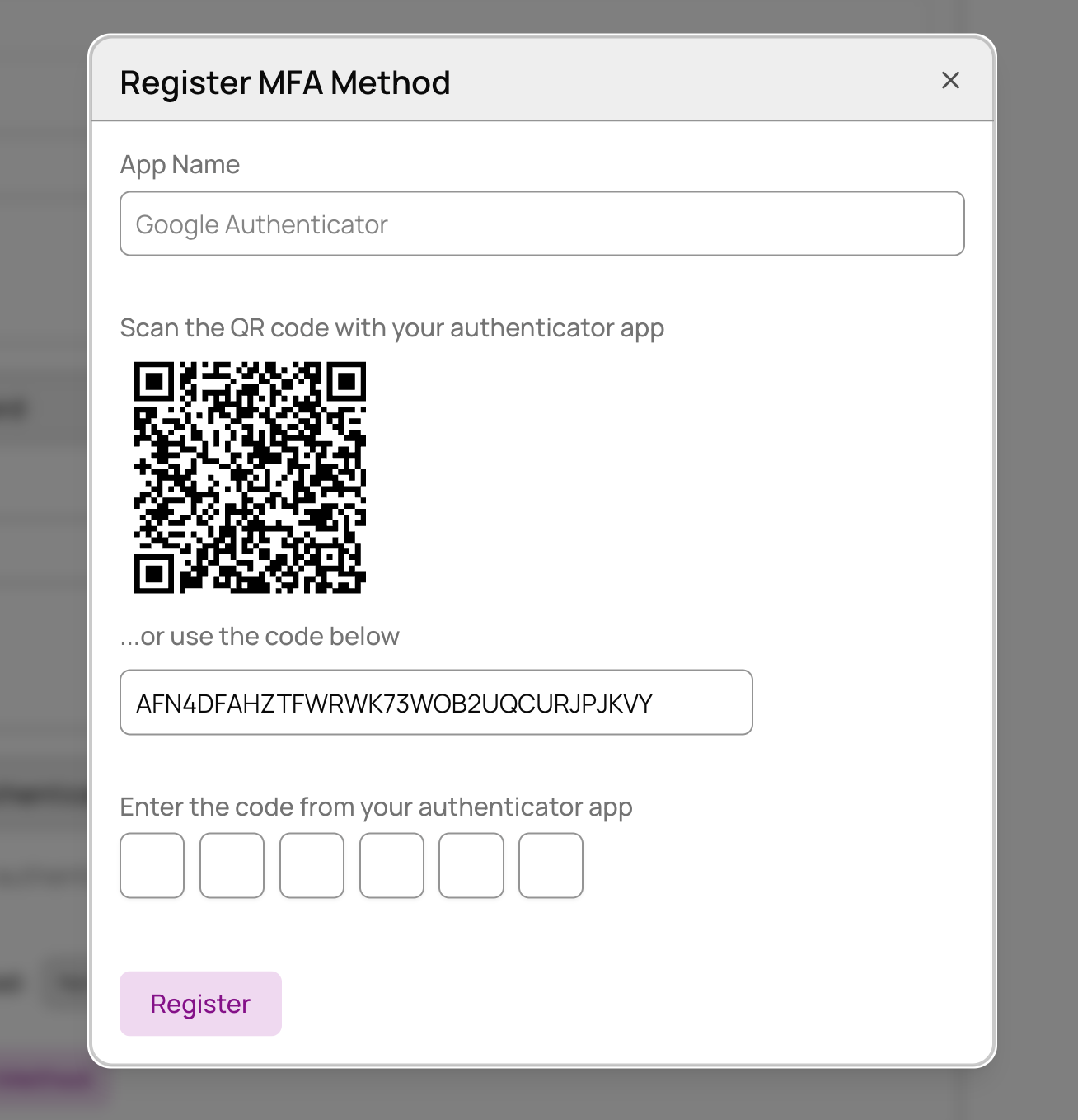 MFA QR code registration