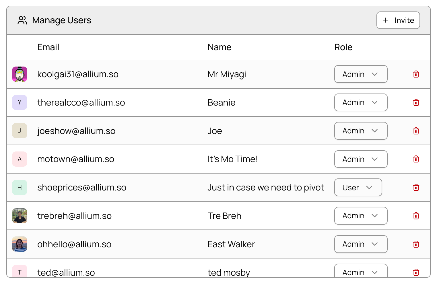 Team settings page
