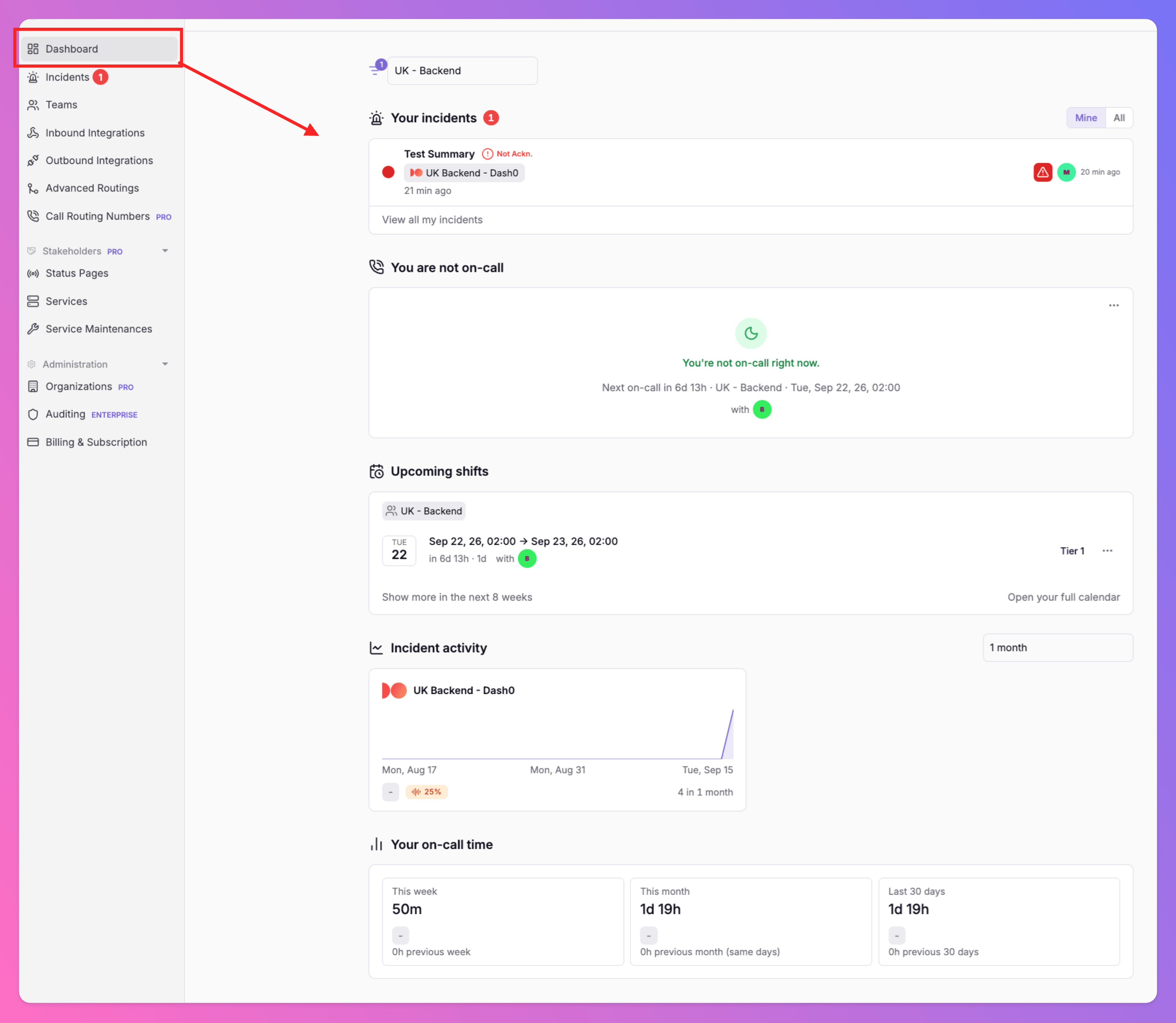 Dashboard: on-call card, Your incidents, Upcoming shifts, Incident activity, Your on-call time, and the team filter