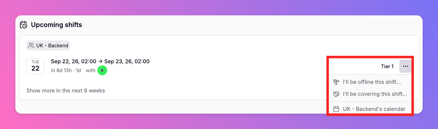 Shift menu: I'll be offline, I'll be covering, add override, manage overrides, open team calendar