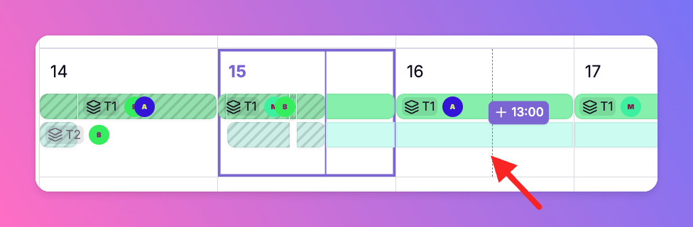 Week or timeline calendar: hover an empty cell to see a create cursor snapped to a time