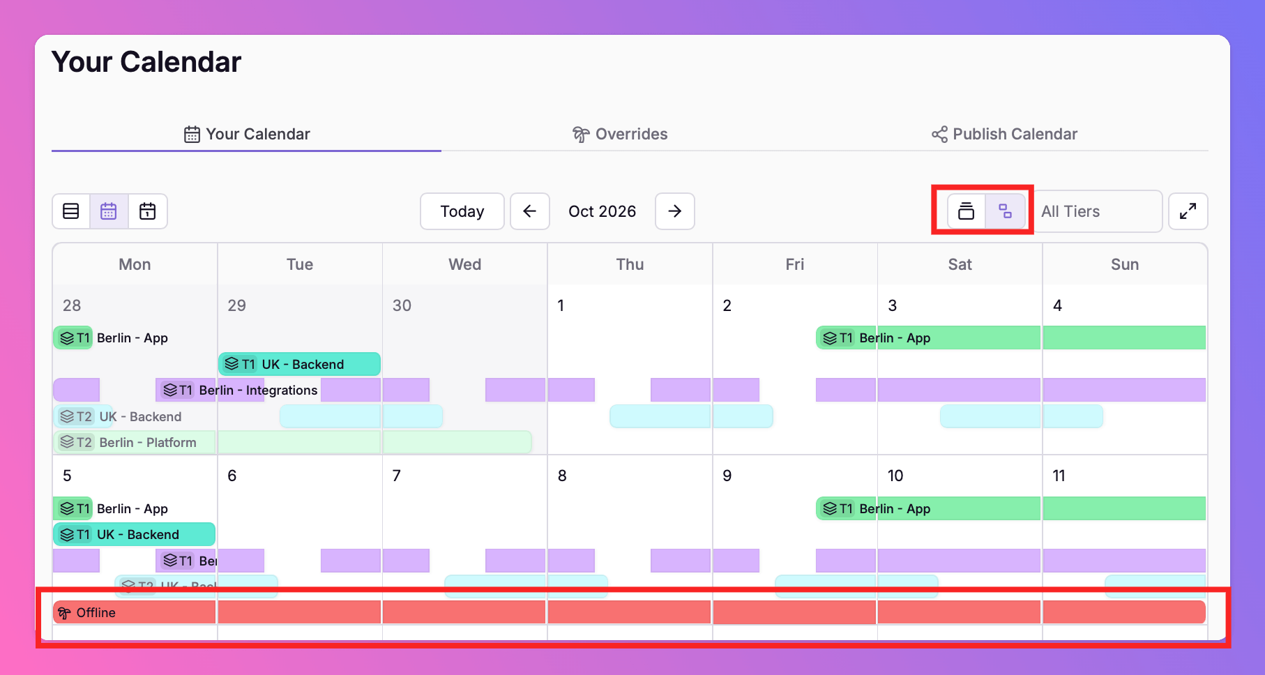 Detailed calendar: actual shifts plus an offline vacation override