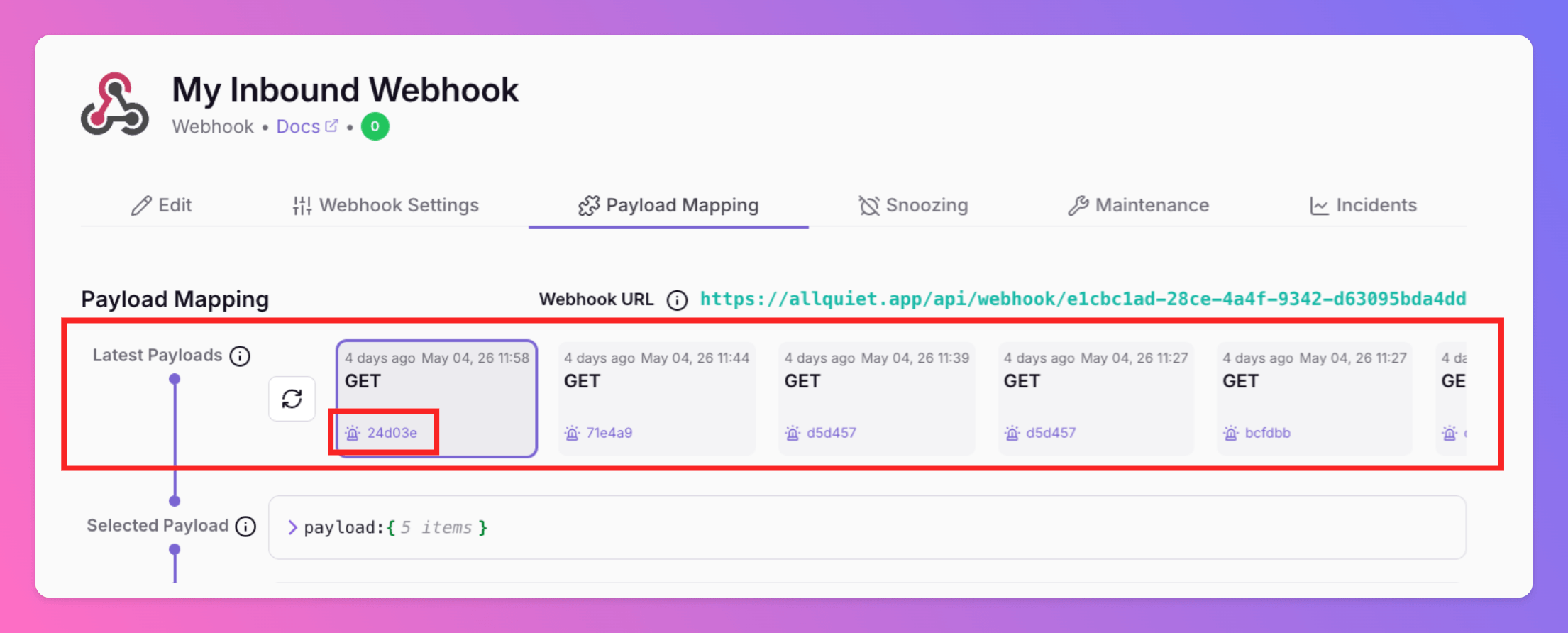 Payload Mapping tab: Latest Payloads tiles with the incident id link highlighted