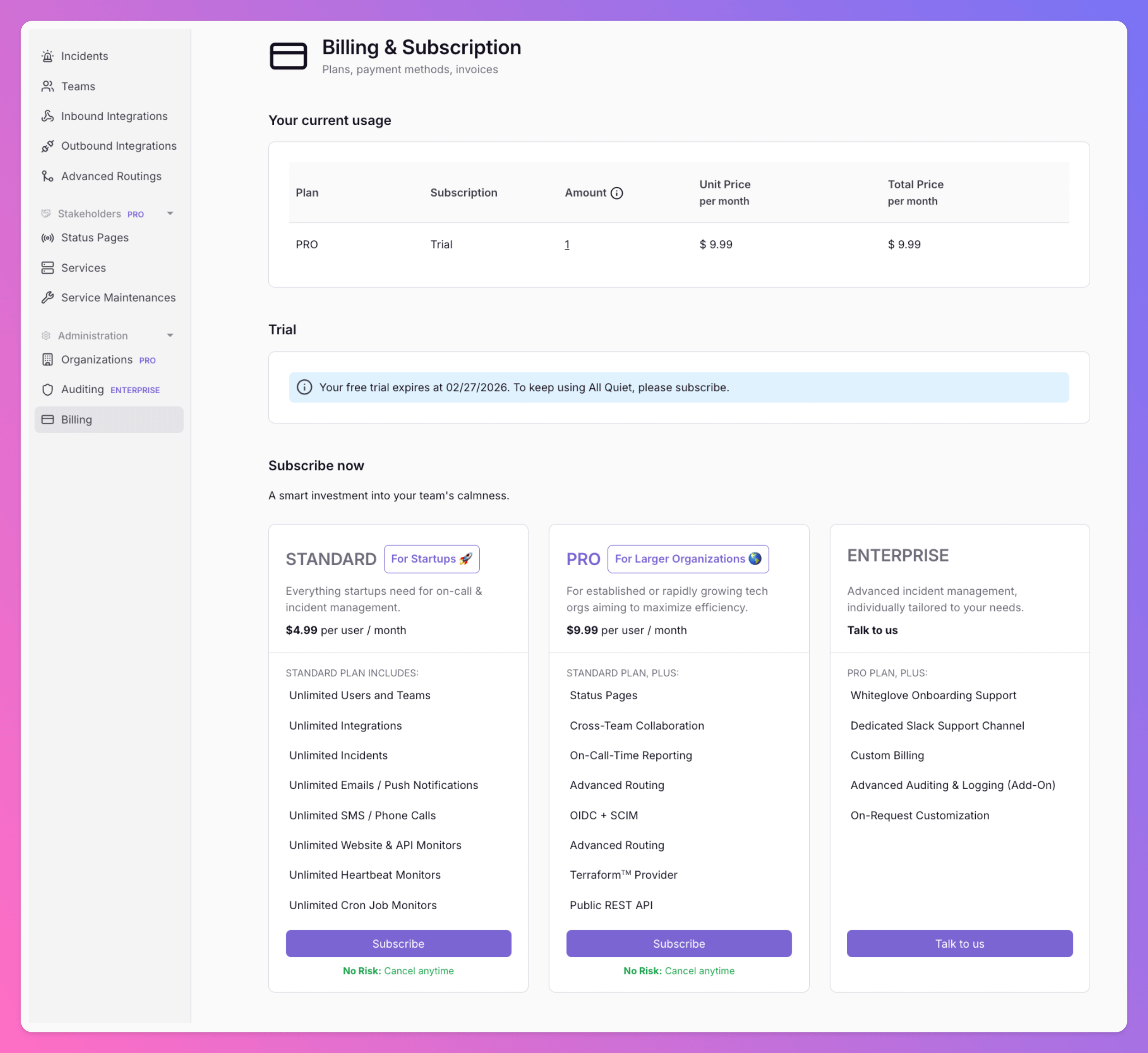 Billing & Subscription - All Quiet Documentation