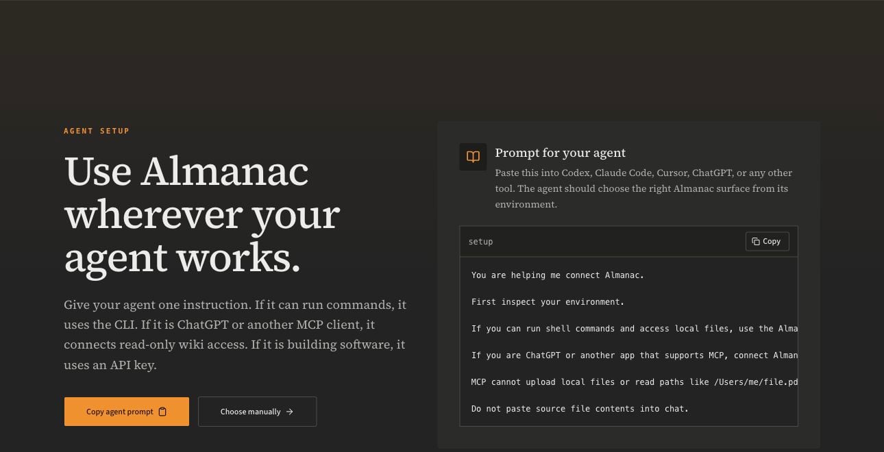 The public agent setup page shows how Almanac works wherever an agent works.