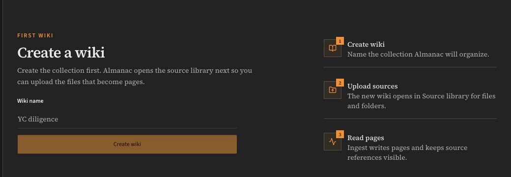 The Almanac browser onboarding screen presents a short path from Organization setup to adding source files and reading the resulting Wiki.