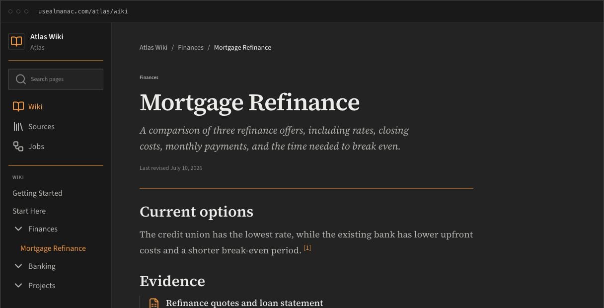 An Almanac wiki page with navigation, readable content, and linked source citations.
