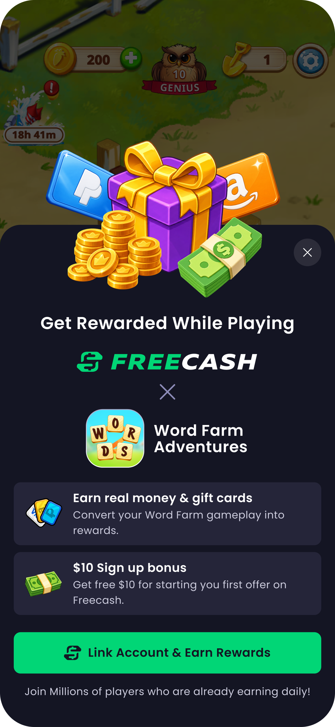 The Almedia Link reward popup over a running game, offering a sign-up bonus, in-game currency for linking, and cash or gift cards for playing.