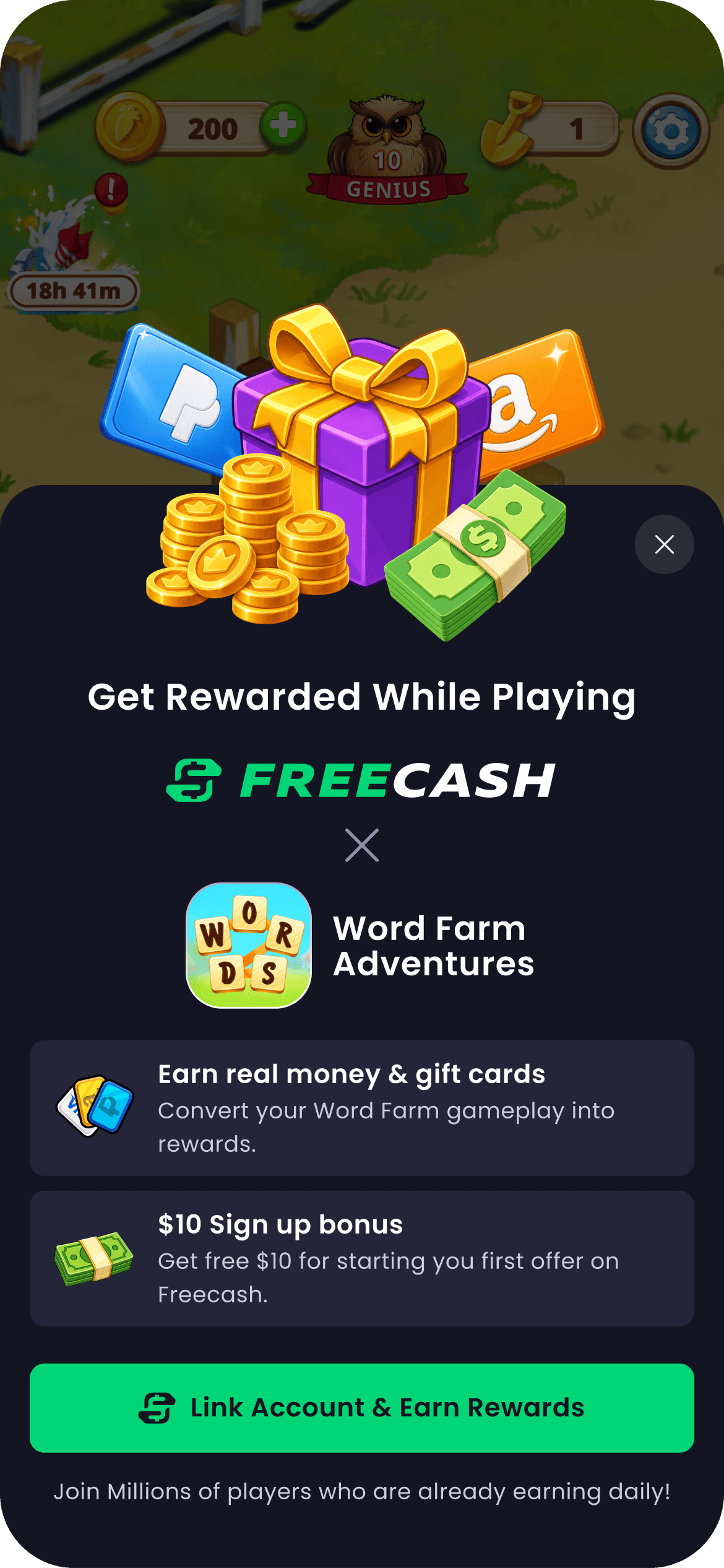 The Almedia Link reward popup over a running game, offering a sign-up bonus, in-game currency for linking, and cash or gift cards for playing.