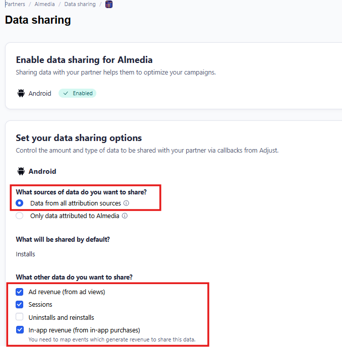 The Adjust Data sharing page. Data from all attribution sources is selected, and Ad revenue, Sessions and In-app revenue are checked.