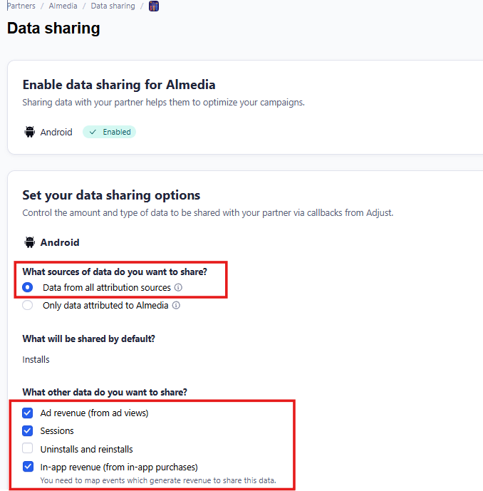 The Adjust Data sharing page. Data from all attribution sources is selected, and Ad revenue, Sessions and In-app revenue are checked.