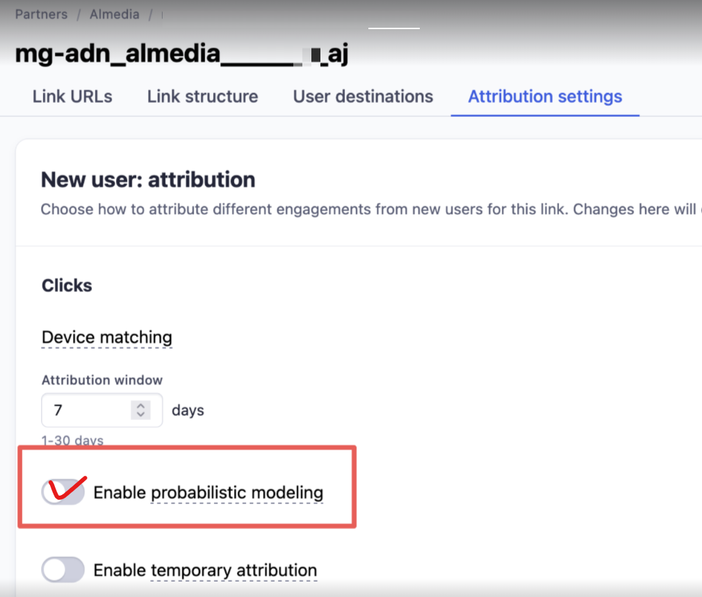 The Adjust Attribution settings tab with the Enable probabilistic modeling toggle highlighted.