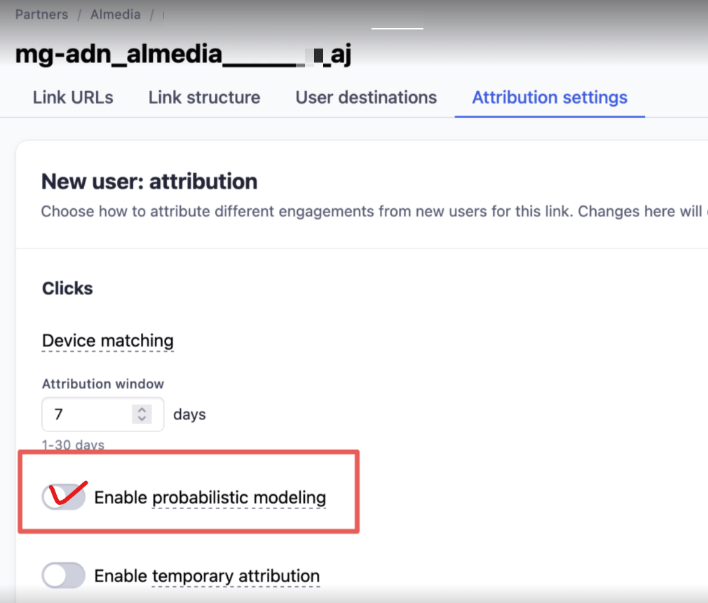 The Adjust Attribution settings tab with the Enable probabilistic modeling toggle highlighted.