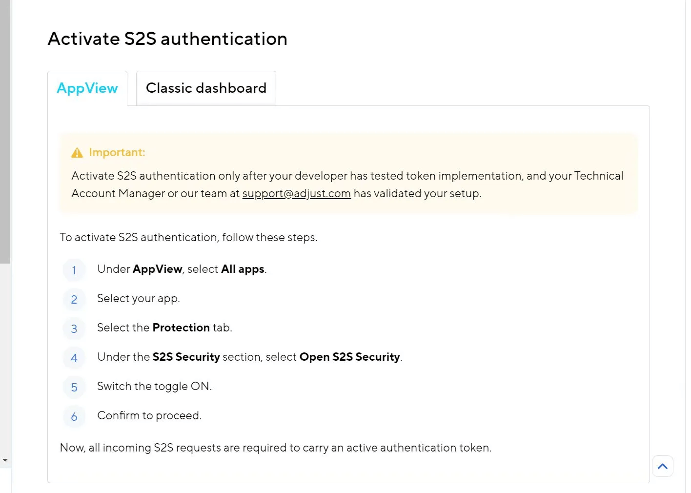 Adjust documentation: Activate S2S authentication, listing the steps under AppView, the Protection tab and S2S Security.