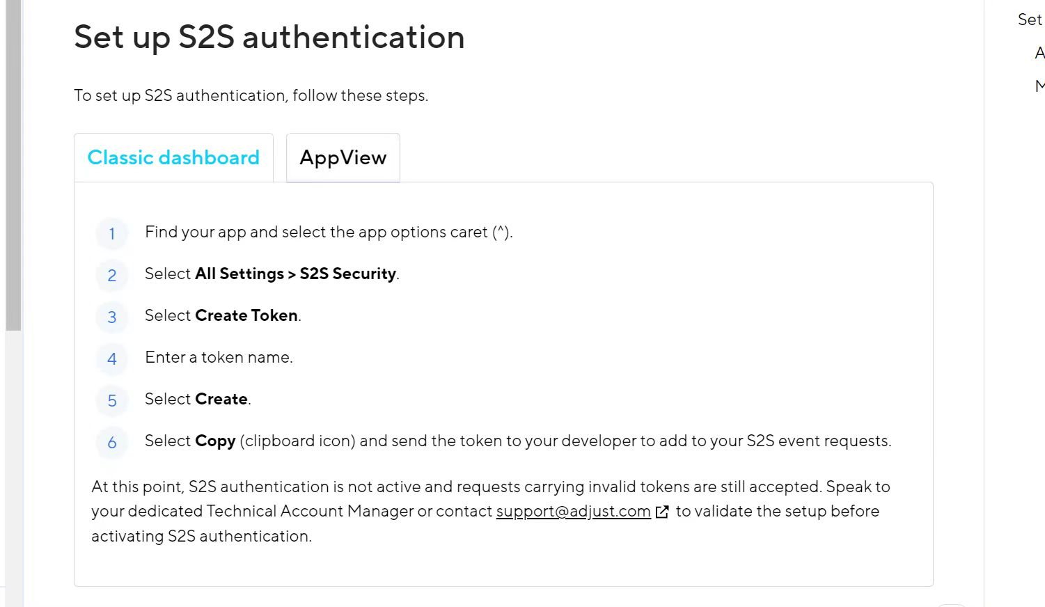Adjust documentation: Set up S2S authentication, listing the steps to create a token under All Settings and S2S Security.