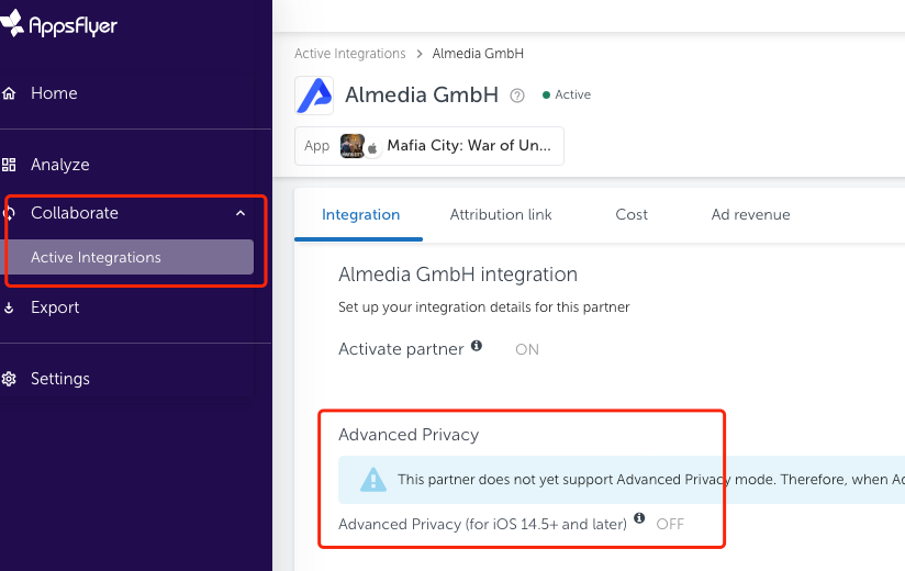The Almedia GmbH integration page in AppsFlyer, with Collaborate and Active Integrations highlighted in the sidebar and Advanced Privacy for iOS 14.5+ set to OFF.