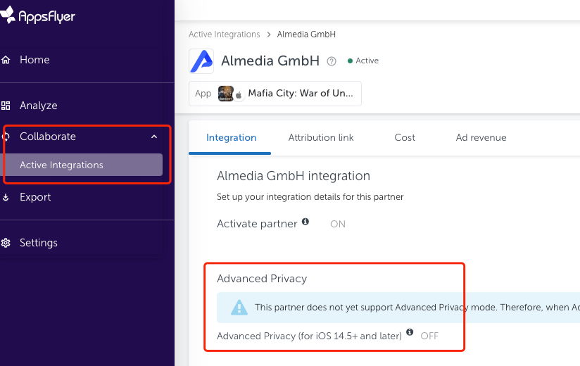 The Almedia GmbH integration page in AppsFlyer, with Collaborate and Active Integrations highlighted in the sidebar and Advanced Privacy for iOS 14.5+ set to OFF.