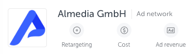 The Almedia GmbH partner card in AppsFlyer, listed as an Ad network with Retargeting, Cost and Ad revenue capabilities.