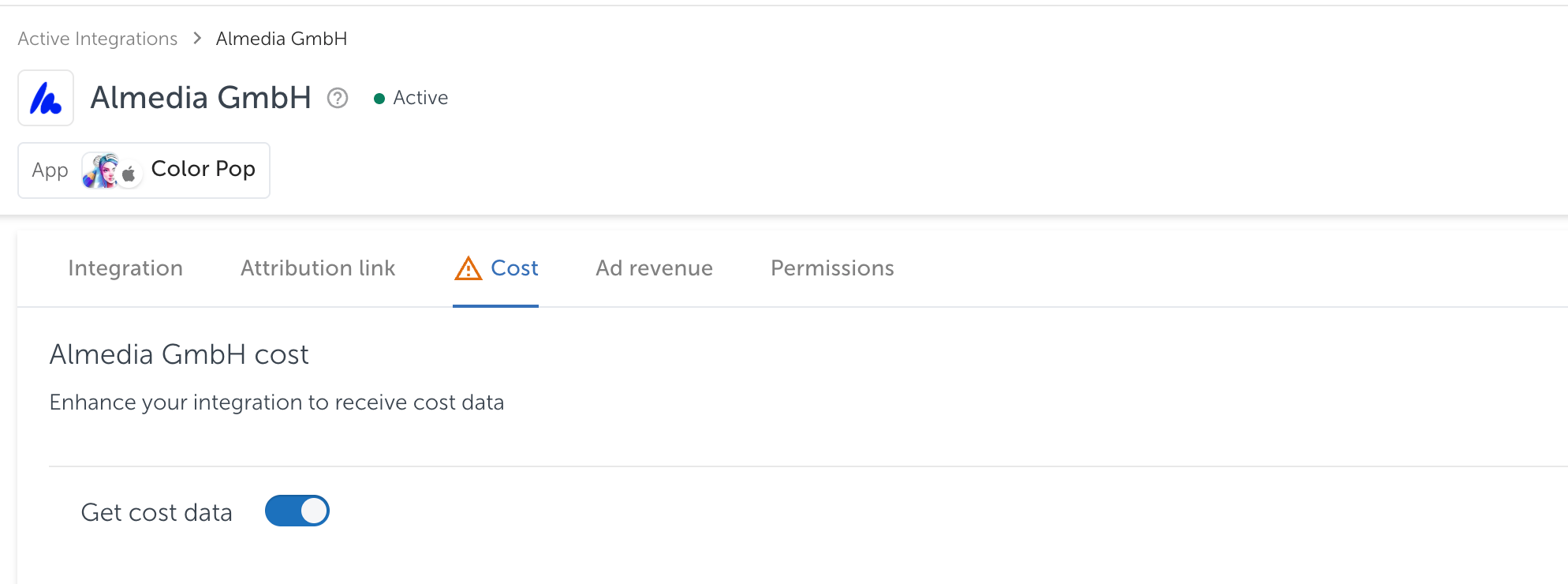 The Cost tab of the Almedia GmbH integration in AppsFlyer, with the Get cost data toggle switched on.