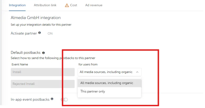 The AppsFlyer Default postbacks section, with the Install event's audience dropdown open on All media sources, including organic.