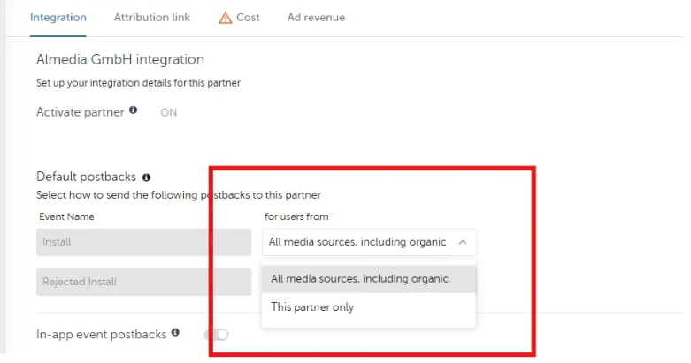 The AppsFlyer Default postbacks section, with the Install event's audience dropdown open on All media sources, including organic.