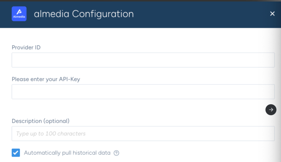 The almedia Configuration dialog in Singular, with empty Provider ID and API-Key fields and Automatically pull historical data checked.