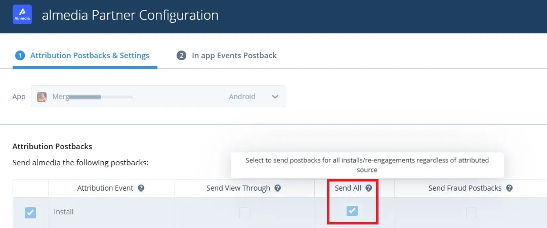 The almedia Partner Configuration screen in Singular, on the Attribution Postbacks tab, with the Send All checkbox ticked for the Install event.